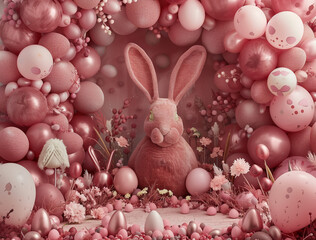 Pink palette Easter scene with balloons and a large Easter bunny for family photos and special Easter moments. Ideal for family photos or fashion magazine editorials.