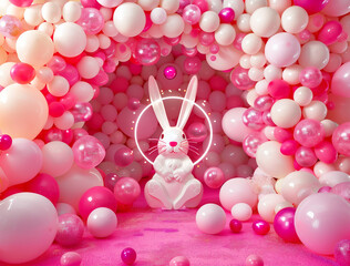 Magenta palette Easter scene with balloons and a large Easter bunny for family photos and special Easter moments. Ideal for family photos or fashion magazine editorials.