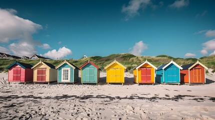 Fototapeta na wymiar Summer Serenity A Row of Colorful Beach Huts Contrasting the Clear Blue Sky and Playful Sea