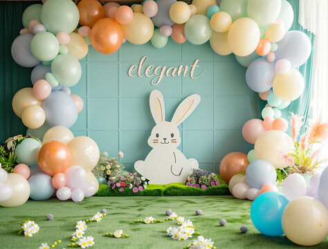 Elegant pastel colorful easter scene with balloons and a large Easter bunny for family photos and special Easter moments. Ideal for family photos or fashion magazine editorials.