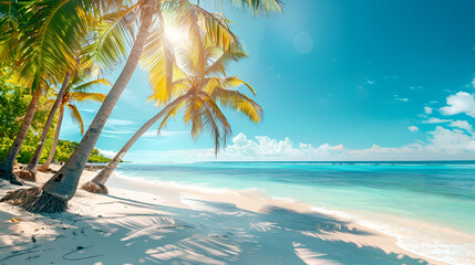 Fototapeta na wymiar Sunny tropical Caribbean beach with palm trees and turquoise water, caribbean island vacation, hot summer day , copyspace , stockphoto