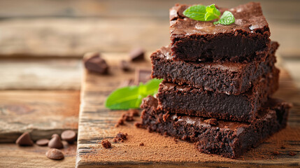 A stack of chocolate brownies on wooden with mint leaf, homemade bakery and dessert. Generative Ai