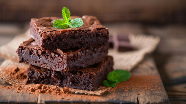 A stack of chocolate brownies on wooden with mint leaf, homemade bakery and dessert. Generative Ai