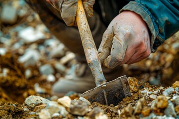 Close-up View of Worker's Hands Digging Soil with Shovel in Construction Site or Garden