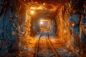 Illuminated Underground Mine Tunnel with Railway Track - Mining Industry Concept