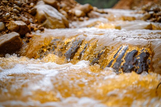 Close-up of Rushing Fresh Water Over Rocky Creek Bed with Foam and Sediments in Natural Setting