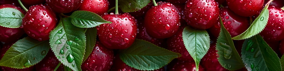 Fresh red cherry berries with green leaves. Close up view, panorama banner