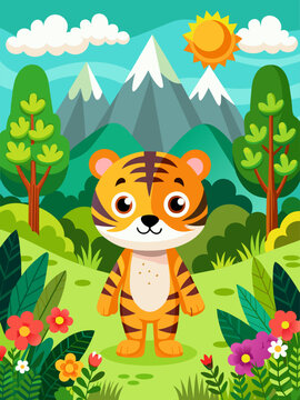A tiger cub stalks through a verdant landscape, its piercing gaze fixed upon an unseen target.