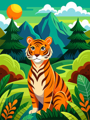 Obraz na płótnie Canvas A majestic tiger prowls through a verdant landscape, its fierce gaze piercing the distance.