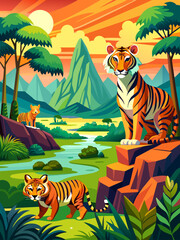 Naklejka premium A majestic tiger prowls through a tranquil natural landscape, its vibrant colors and intricate patterns creating a captivating scene.