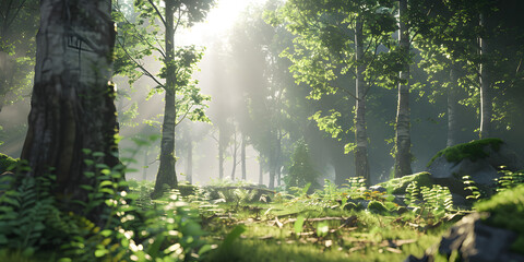 Floresta Tranquila com Luz Solar entre as Copas das Árvores