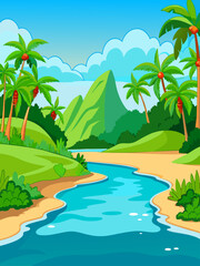 Tropical water landscape with palm trees, white sandy beach, and blue sky.
