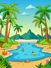 Fototapeta na wymiar A tropical vector water landscape background with palm trees and a beach.