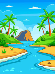 Tropical vector water landscape background with palm trees, blue water, and white sand.