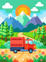 Truck driving on a scenic highway surrounded by lush greenery and towering mountains.