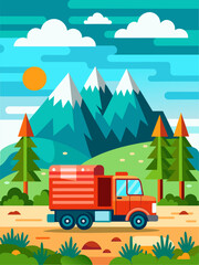 Obraz premium A blue truck drives down a winding road, surrounded by lush trees and a bright blue sky.