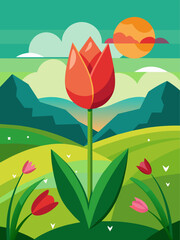 Fototapeta na wymiar A vibrant landscape with colorful tulips blooming in a meadow.
