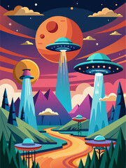 UFOs soar majestically above a serene landscape.