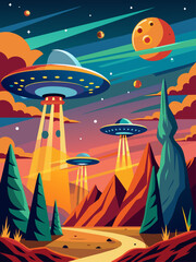UFOs soar majestically above a serene landscape.