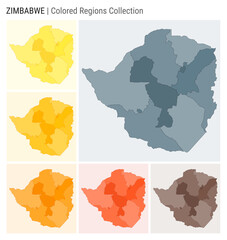 Zimbabwe map collection. Country shape with colored regions. Blue Grey, Yellow, Amber, Orange, Deep Orange, Brown color palettes. Border of Zimbabwe with provinces for your infographic.