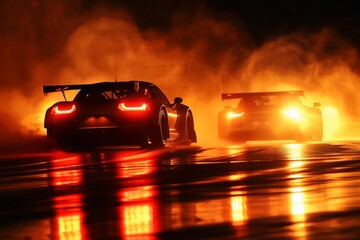 A dramatic shot of two sports cars battling it out on a dark racetrack.