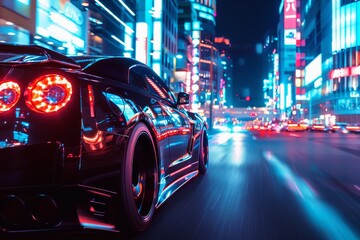 A fast car with glowing headlights driving through a bustling city at night.