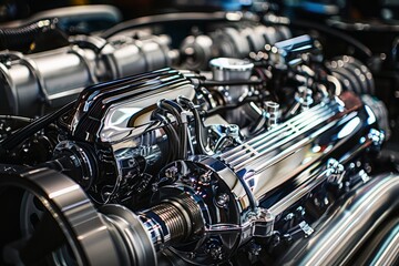A close up shot of a meticulously maintained engine with chrome accents.