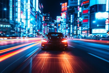Fototapeta na wymiar A fast car with glowing headlights driving through a bustling city at night.