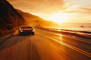 Capture a sleek sports car speeding down a deserted coastal highway at sunrise.