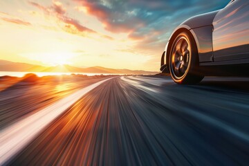 Capture a sleek sports car speeding down a deserted coastal highway at sunrise.