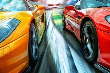 Two brightly colored sports cars crossing the finish line bumper to bumper.