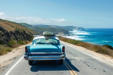 A classic car on a scenic coastal road with a surfboard strapped to the roof.