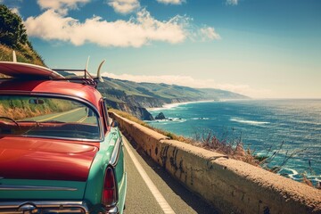 A classic car on a scenic coastal road with a surfboard strapped to the roof. - obrazy, fototapety, plakaty