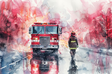Firefighter woman walking near fire engine with pink splash watercolor
