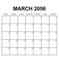 march 2056. monthly calendar design. week starts on sunday. printable, simple, and clean vector design isolated on white background.