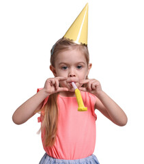 Birthday celebration. Cute little girl in party hat with blower on white background