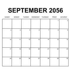 september 2056. monthly calendar design. week starts on sunday. printable, simple, and clean vector design isolated on white background. - obrazy, fototapety, plakaty