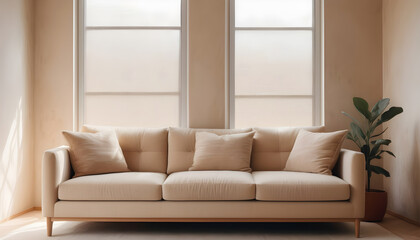 beige sofa against grid window near stucco wall