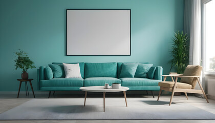 turquoise sofa and big posters interior design