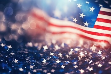 A blurred festive background with fireworks in the color of the American flag. The United States of America The flag of the United States on the background of fireworks on July 4th - obrazy, fototapety, plakaty