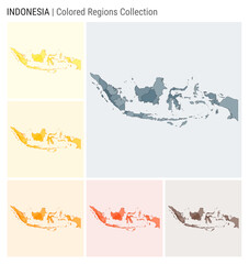 Obraz premium Indonesia map collection. Country shape with colored regions. Blue, Grey, Yellow, Amber, Orange, Deep Orange, Brown color palettes. Border of Indonesia with provinces for your infographic.