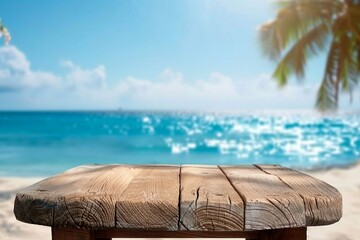Aged wooden pedestal with free space and blurred summer beach landscape as background. generative...
