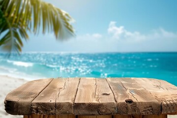 Aged wooden pedestal with free space and blurred summer beach landscape as background. generative...