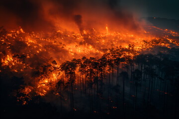 A forest on fire, the burning trees in flames. Orange and red hues against black night sky.  Large scale natural disaster. Night sky.  Fiery landscape