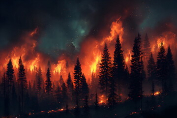 A forest on fire, the burning trees in flames. Orange and red hues against black night sky. Large scale natural disaster. Night sky. Fiery landscape - obrazy, fototapety, plakaty