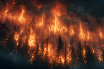 Fototapeta na wymiar A forest on fire, the burning trees in flames. Orange and red hues against black night sky. Large scale natural disaster. Night sky. Fiery landscape