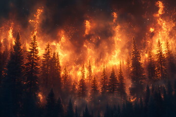 Fototapeta na wymiar A forest on fire, the burning trees in flames. Orange and red hues against black night sky. Large scale natural disaster. Night sky. Fiery landscape