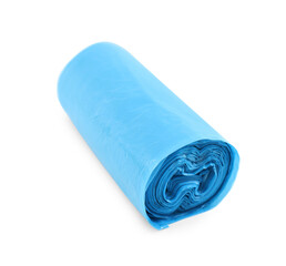 Roll of light blue garbage bags isolated on white