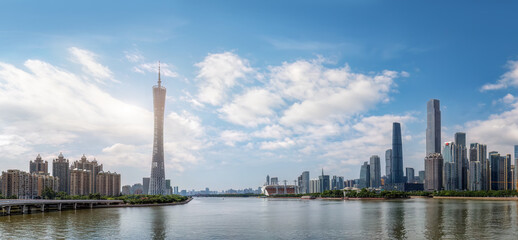 Fototapeta na wymiar Modern Guangzhou City Skyline with Clear Blue Sky