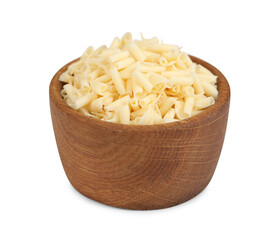 Delicious chocolate shavings in bowl isolated on white